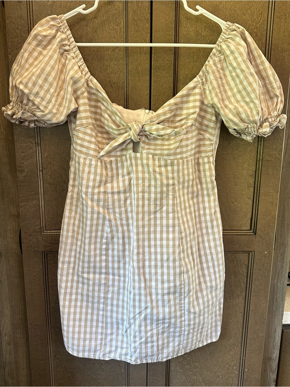 Urban Outfitters Beige and White Gingham Tie-Front Mini Dress Size Small